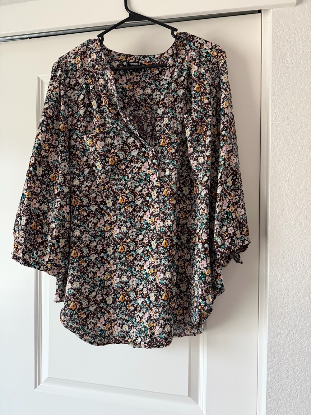 Torrid Black Floral V-Neck Georgette Blouse with Pink & Teal Accents